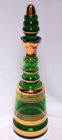 Pretty 1960s Emerald Green and Gilt Trimmed Glass Decanter!