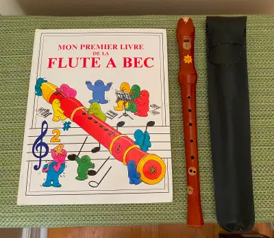 Flûte à bec en bois avec étui protecteur et livre jeunesse pour apprendre à jouer. Wooden recorder w...
