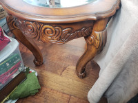 Glass Top Carved Wooden End Table