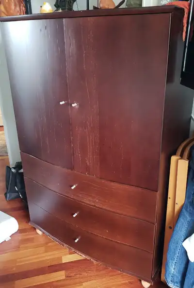 ScanDesigns Armoire, solid work, would be great with light refinishing. H - 60.5”, W - 40”, D - 24”....