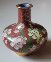 Vintage Miniature Cloisonne Enameled Red Vase with Flowers