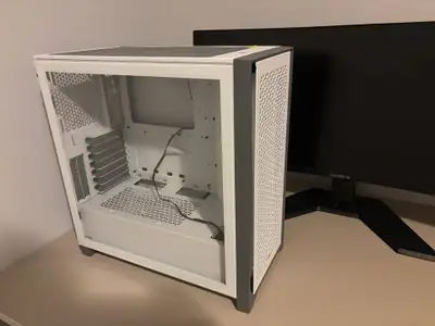 White Corsair 4000D Airflow mid-tower PC case with tempered-glass side panel, mesh front and front U...