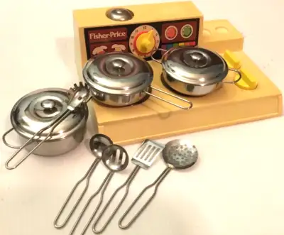 Classic 1978 Fisher Price Stove Top #919 with Magic Glow Burners and Metal Cookware Set Great for pr...
