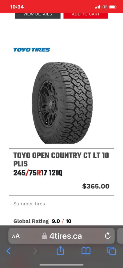 I am selling a set of 4 Toyo Open Country LT245/70R17 tires. They were on my gmc for one winter seas...