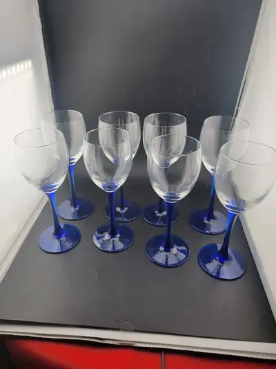 8 Vintage luminarc Wine Glasses with Blue Stems, View more
