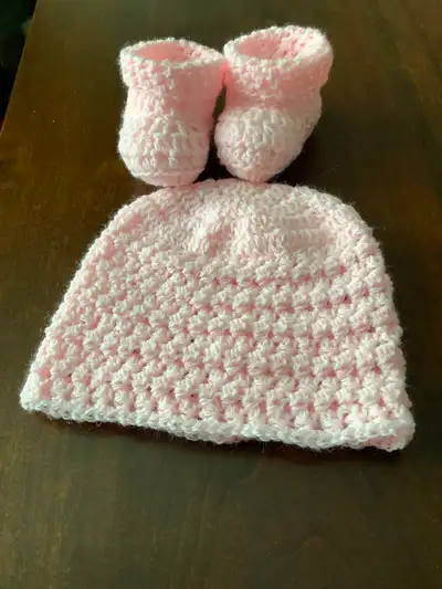 Crocheted baby booties with matching hat, View more