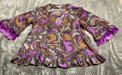 Y2K Nanette Lepore Silk Blouse Abstract Art Ruffle Sleeve Small, View more