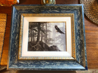 Vintage Eagle In Forest Textured Print With Blue Gold Wood Frame
