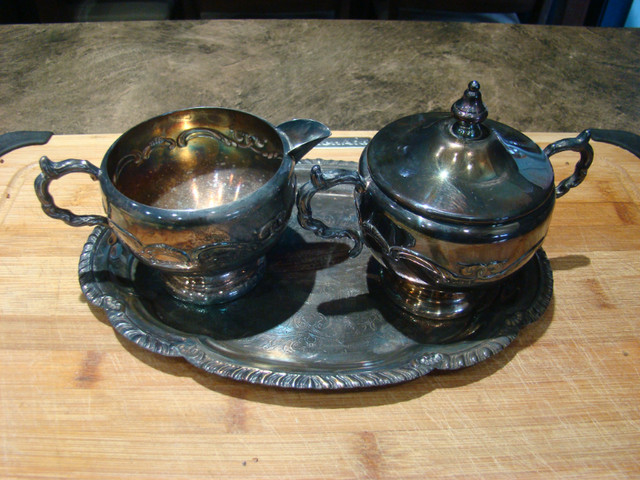 Sugar and Creamer with Tray and Round Serving Tray Silverware in Arts & Collectibles in Chatham-Kent