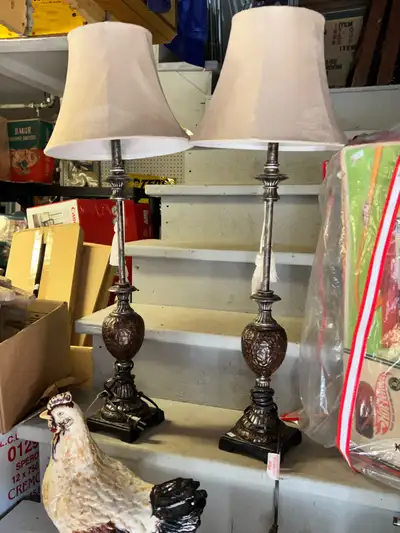 PAIR OF MATCHING ORNATE TABLE LAMPS - 3 FEET TALL + TASSELS, View more