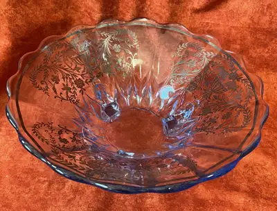 Glass bowl. Blue toned glass with silver overlays., View more