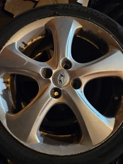 A set of decent rims that came off a Hyundai Accent. Tires are shot but rims are still good