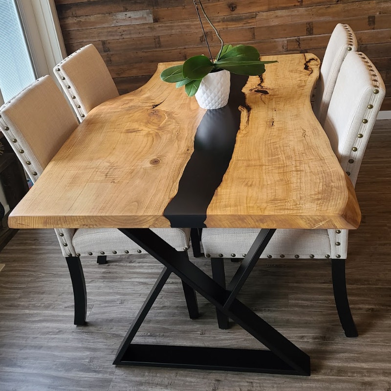 custom made live edge dining table with black epoxy resin Dining