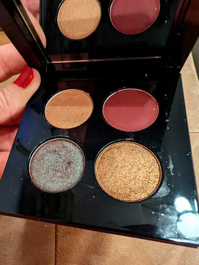 Classic shades , highly pigmented and long lasting . Used only once . I no longer wear eyeshadow .