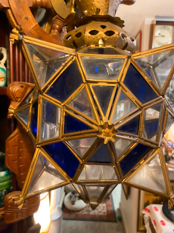 Vintage Star Hanging Lamp Blue Glass Metal Frame Ceiling Fixture in Arts & Collectibles in Vancouver - Image 2