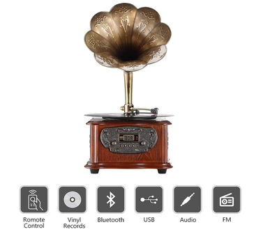 Crafted from fine wood, this vintage phonograph features a handcrafted, 100% copper horn that enhanc...