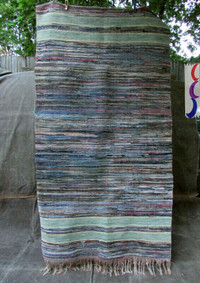 Old Hand Made Blue & Grey 6 Feet Long Woven Rag Rug Runner #1