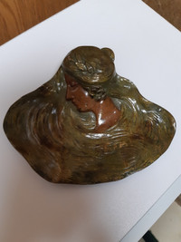 UNIQUE BRASS LADY WITH HAT INKWELL 