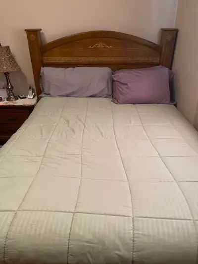 Wooden Queen Bed with mattress and box spring.  Frame, View more