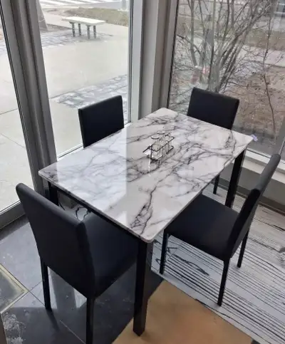 5pc Kitchen Dining Room Set - White Marble Look Table & Chairs, View more