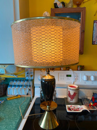 Rare Vintage 1950s Mid Century Brass Black Glass Table Lamp