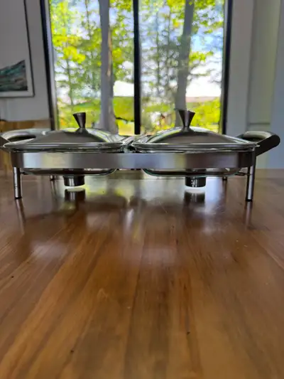 Three sets of: 2-section Buffet Chafing Dish Set - constructed from stainless steel and glass, desig...