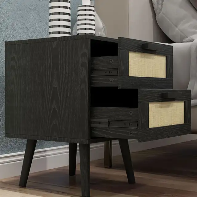 Black Boho Nightstand, Bedside Table with 2 Drawers  in Dressers & Wardrobes in Markham / York Region - Image 9