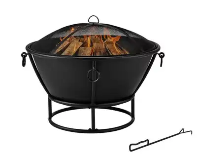 Black 30" Cast Iron Outdoor Fire Pit with Grate, Cover & Poker, View more