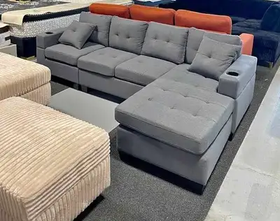 Grey Fabric L-Shape Sectional Sofa with Tufted Cushions, View more