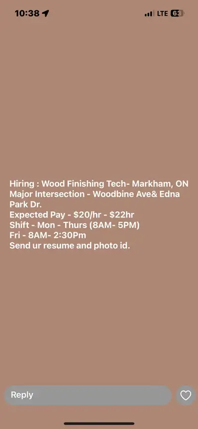 Wood Finishing Tech. -Markham, ON Major Intersection: Woodbine Ave. & Esna Park Dr. Expected Pay ($2...