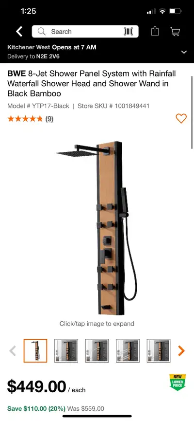 BWE 8-Jet Shower Panel System with Rainfall Waterfall Shower Head and Shower Wand in Black Bamboo BR...