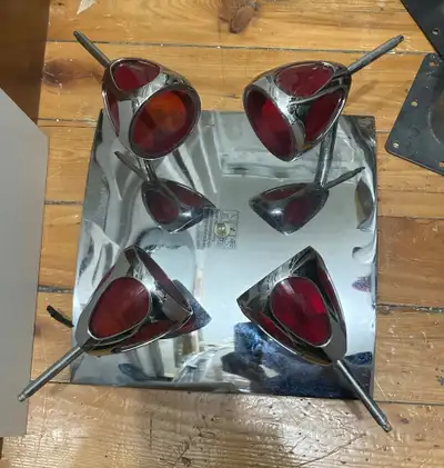 Mid Century Chrome Ceiling Light with Rotating Red Glass shades, View more