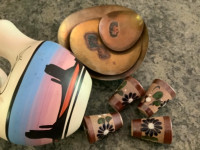 Mexican Pottery, Tonala shots glasses, brass and copper dishes