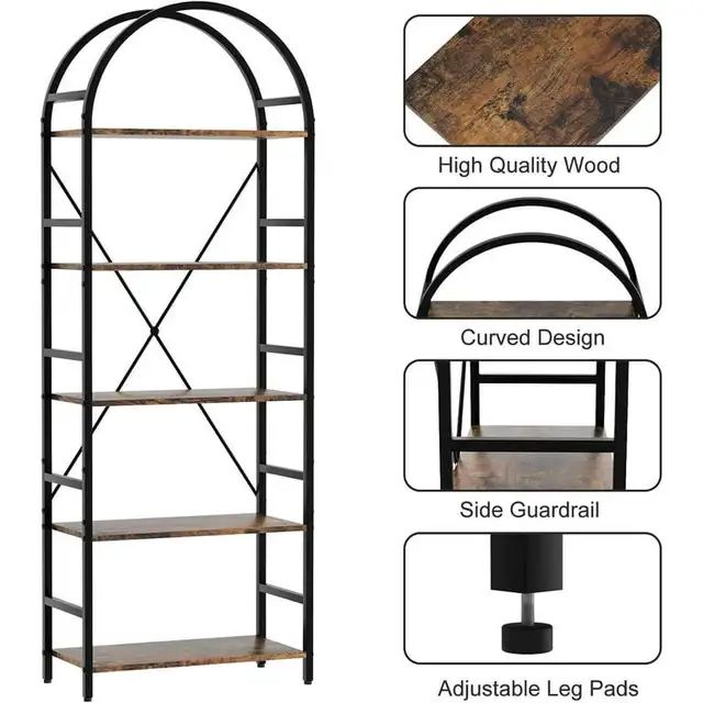 5-Tier Arched Bookcase, Wood Rustic Brown, 23.5x11.8x65.3 in in Bookcases & Shelving Units in Markham / York Region - Image 7