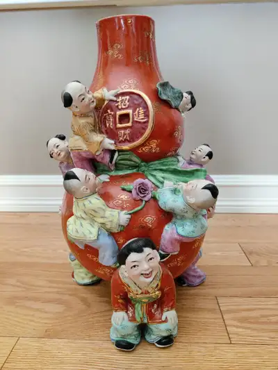 Chinese Porcelain Famille Rose 9 Children Good Fortune Art Vase, View more