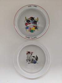 Vintage English Children's Bowls Cat Motif x2