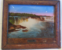 Framed curved glass reverse-painted Niagara Falls