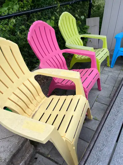 Different colors… Durable plastic…Colorful… fade free chairs… Stackable….asking $20 each