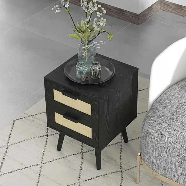 Black Boho Nightstand, Bedside Table with 2 Drawers  in Dressers & Wardrobes in Markham / York Region - Image 8