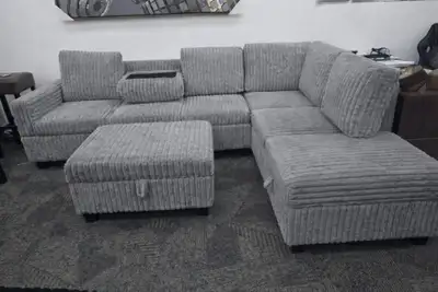 Grey Corduroy Sectional Sofa with Storage Ottoman & Cups Buy Now, View more
