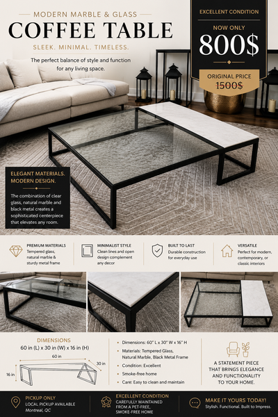 Marble and glass coffee table  60 in x 30 in x 16 in, View more