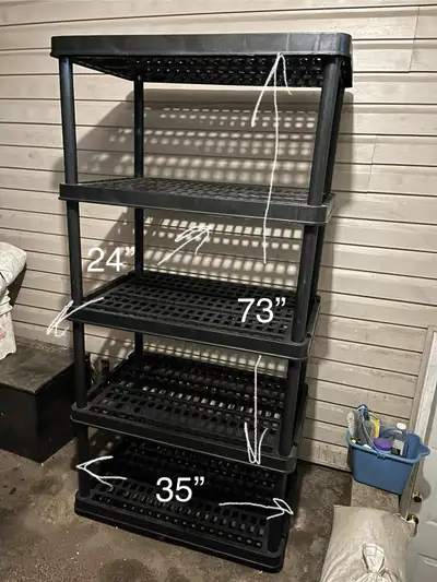Storage shelve for garage or basement, no cracks, sturdy and the measurements are 34” wide, 73” heig...