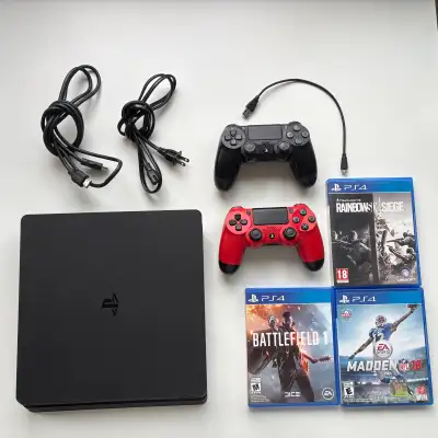 Includes: • PS4 Slim 500GB console • 2 controllers (Sony DualShock 4) • HDMI cable • Power cable • B...