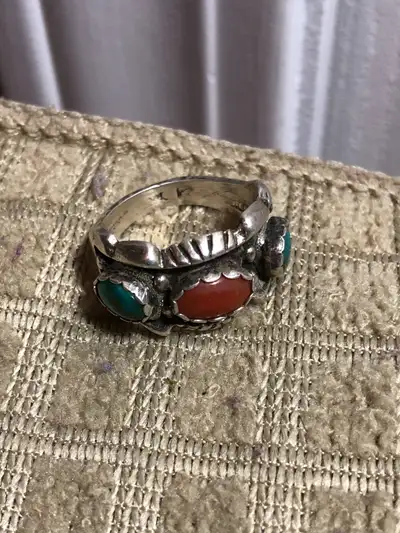 Vintage Native American Sterling Silver Turquoise and Coral Ring, View more