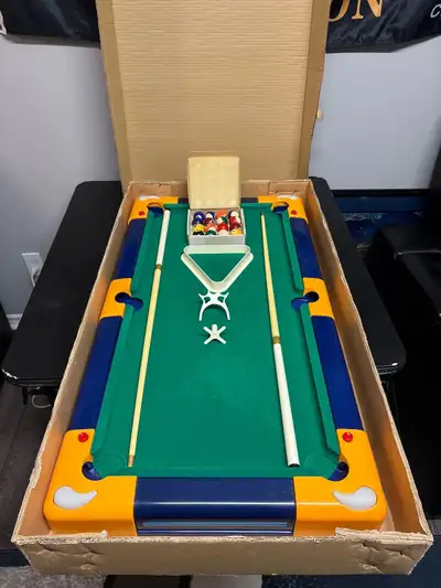 Tabletop Pool Table. Stats Champions from 1998. Playing surface measures 31" length by 14.5" width....