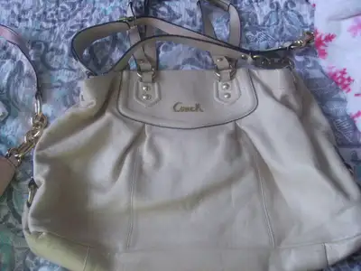 Large Leather Coach Purse Neutral beige tan color with 2 straps, View more