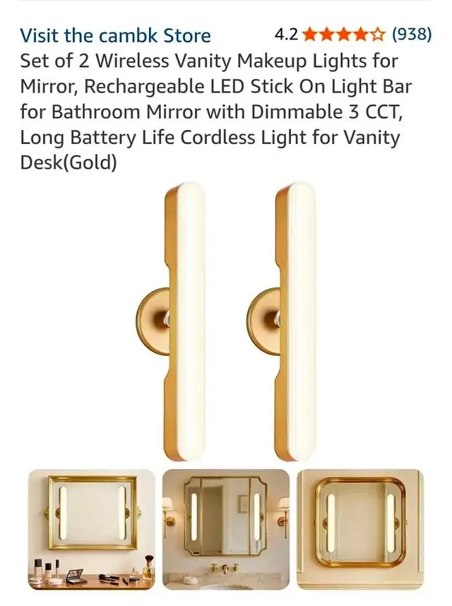 ✨ Set of 2 Wireless Rechargeable LED Vanity Makeup Lights (Gold)