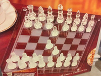 Vintage Retro Complete Frosted N Clear GLASS CHESS CHECKERS Set