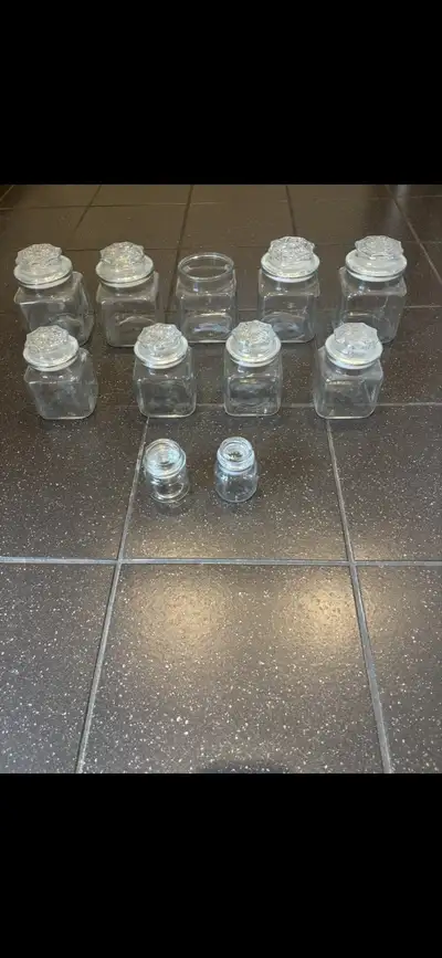 11 Glass Jars & Lids - VINTAGE ANCHOR HOCKING- 11 Pots & Couverc, View more