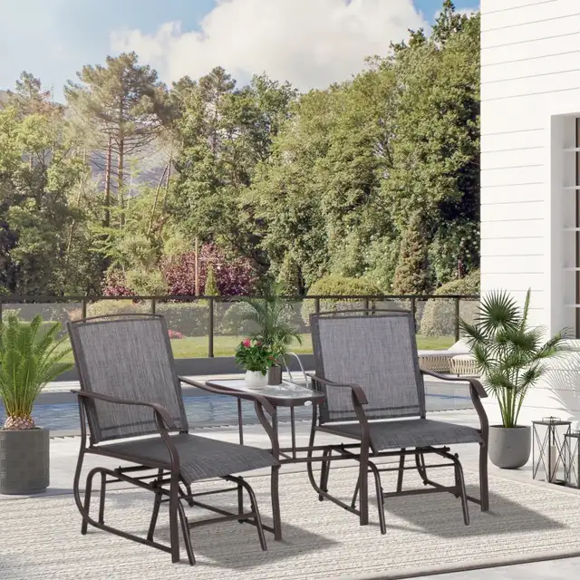 Patio Double Glider Chair with Glass Top Center Table, Outdoor G in Patio & Garden Furniture in Markham / York Region - Image 2